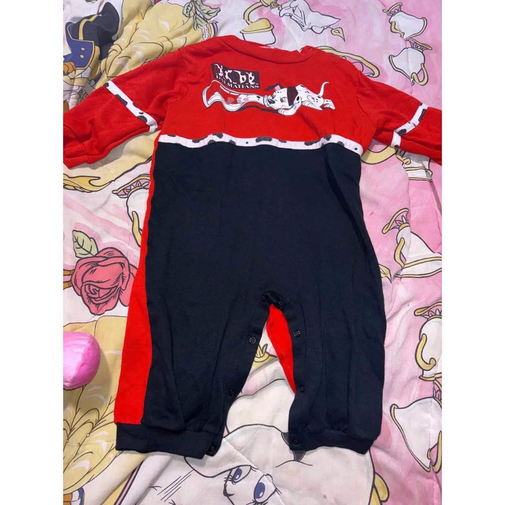Vintage Disney 101 Dalmatians Baby Romper Red Colorblock Fleece 24 Months 90s